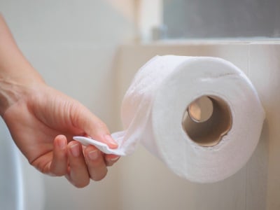 Eine Person hält eine Rolle Toilettenpapier.