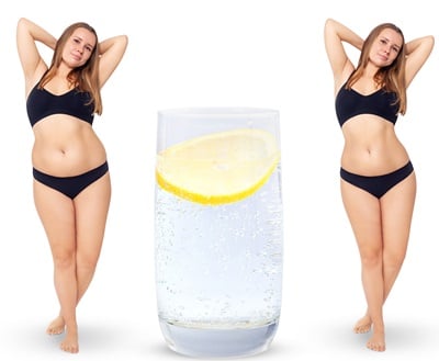 Junge Frau vor und nach der Gewichtsabnahme auf der Seite des Wasserglases.