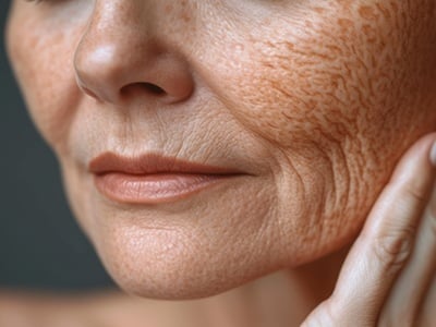 Das Gesicht einer Frau mit Falten aufgrund einer schnellen Gewichtsabnahme