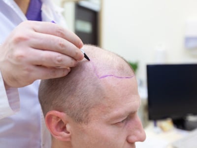  Ein Mann wird auf eine Haartransplantation vorbereitet.