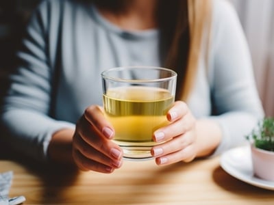 Eine Frau trinkt Apfelessig zu ihrer Mahlzeit
