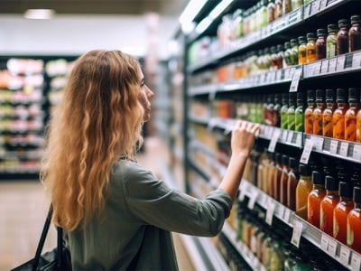 Eine Frau beim Lebensmitteleinkauf, die cleane Lebensmittel auswählt