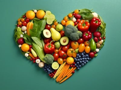 Herzförmiges Gemüse und Obst auf grünem Hintergrund.