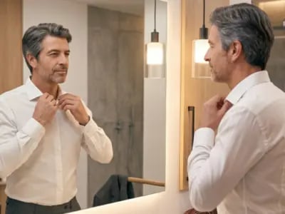 Homme devant le miroir ajustant sa chemise dans la salle de bain