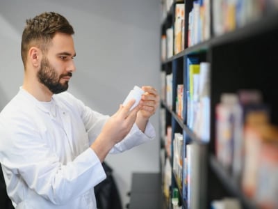 Um farmacêutico examina uma caixa de medicamento