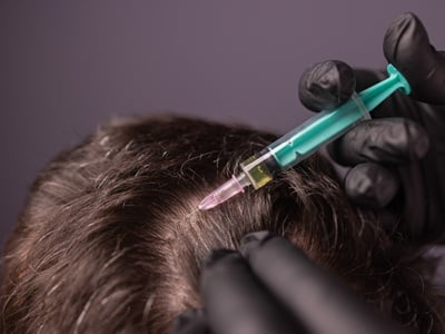 Ein Mann erhält eine Kortikosteroid-Injektion gegen Haarausfall