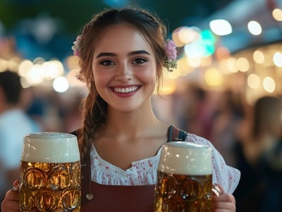 Eine junge Frau in traditioneller Tracht serviert Bier auf einem lebhaften Oktoberfest