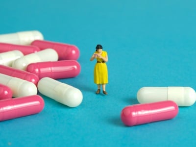 Eine Miniaturfrau steht neben einem Haufen Pillen.