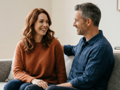 Lächelndes Paar sitzt entspannt auf dem Sofa und schaut sich an