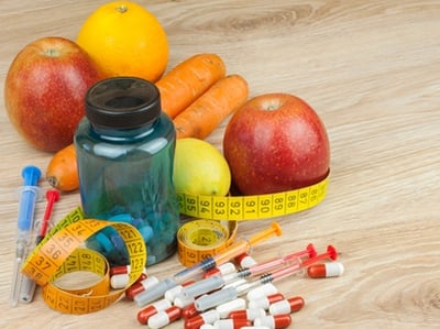 Diätnahrung, Nahrungsergänzungsmittel und Medikamente zur Gewichtsreduktion