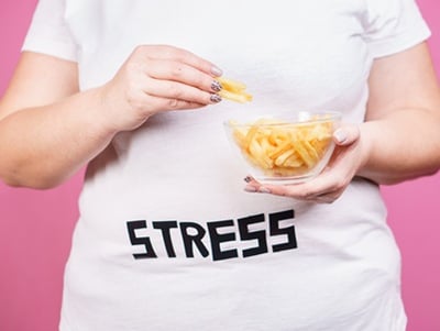 Eine übergewichtige Frau, die Pommes frites isst und auf ihrem T-Shirt „Stress“ steht.