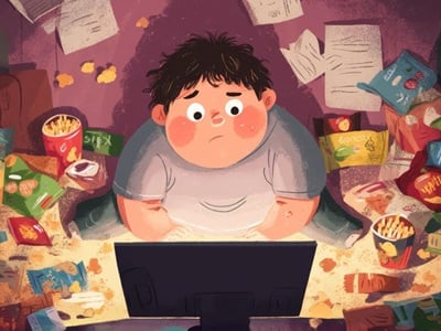 Ein übergewichtiges Kind, das mit besorgtem Gesichtsausdruck auf einen Bildschirm schaut, umgeben von Lebensmittelverpackungen.
