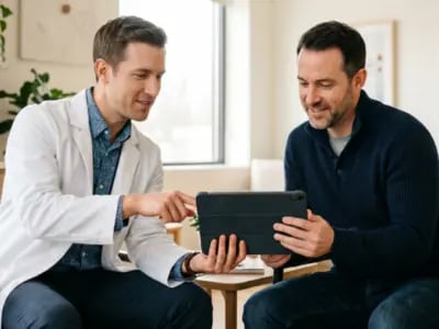Un médecin montre à un patient des avis sur le Viagra sur une tablette