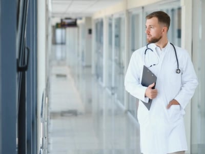 Doctor in a hospital hallway holding a clipboard