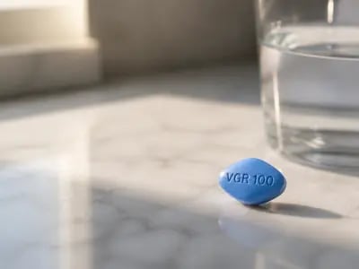 Um comprimido azul sobre uma mesa ao lado de um copo de água