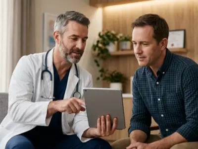 Arzt zeigt einem Patienten Informationen auf einem Tablet während eines Gesprächs