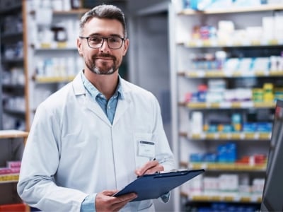 Pharmacist standing in a modern pharmacy interior