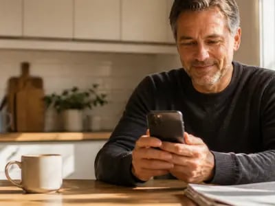 Man sitter i köket och använder sin mobiltelefon