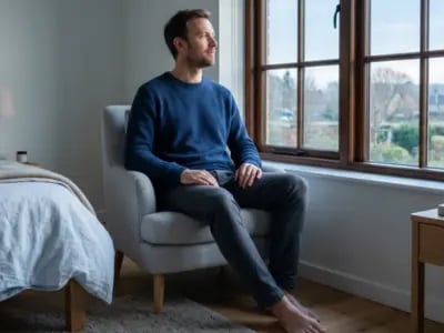 Nachdenklicher Mann sitzt am Fenster in einem Schlafzimmer und blickt nach draußen