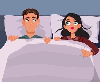 Vektorbild der erektilen Dysfunktion bei einem Mann und gestresstes junges Paar im Bett.