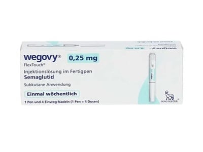 Eine Packung mit 0,25 mg Wegovy-Injektionslösung zur Gewichtsreduktion.
