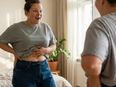 Frau schaut überrascht auf ihren Bauch im Spiegel