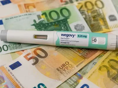 Wegovy-Injektionspen auf Euro-Banknoten