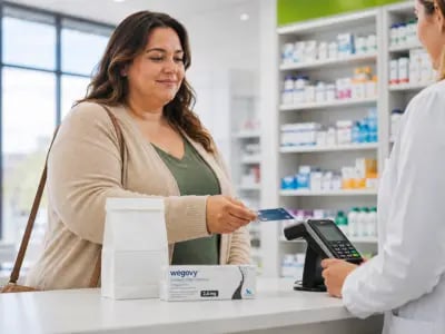 Eine Frau bezahlt in einer Apotheke mit Karte für Wegovy