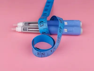 Abnehmspritzen mit Maßband auf rosa Hintergrund