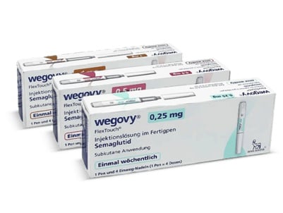 Packungen mit Wegovy-Injektionen zur Gewichtsreduktion in verschiedenen Dosierungen