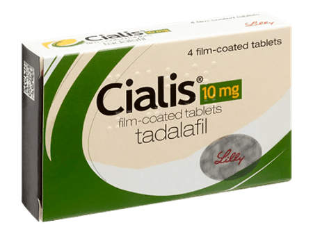 A pack of four 10 mg Cialis tablets.