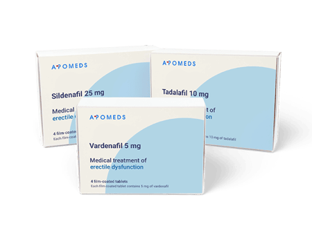 ED medication kit containing Sildenafil 25 mg 4 tablets, Vardenafil 5 mg 4 tablets and Tadalafil 10 mg 4 tablets