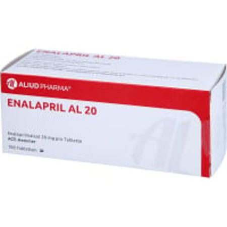 Eine Packung von Enalapril 20mg von ALIUD Pharma mit 100 Tabletten