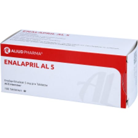 Eine Packung von Enalapril 5mg von ALIUD Pharma mit 100 Tabletten