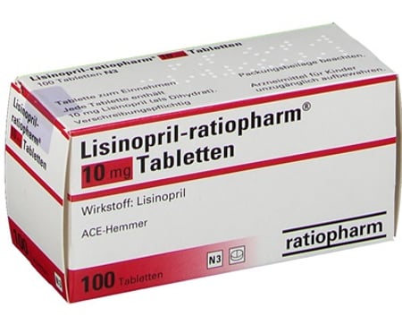 Eine Packung Lisinopril ratiopharm 10 mg mit 100 Tabletten