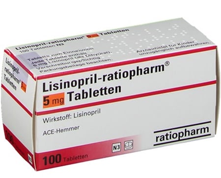 Eine Packung Lisinopril ratiopharm 5 mg mit 100 Tabletten