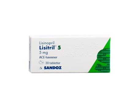 Uma embalagem de Lisinopril Sandoz 5 mg com 30 comprimidos