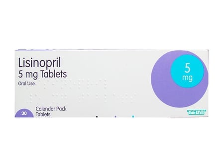 Uma embalagem de calendário de Lisinopril 5 mg com 30 comprimidos da Teva