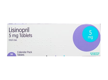 En kalenderförpackning med 30 tabletter Lisinopril 5 mg från Teva