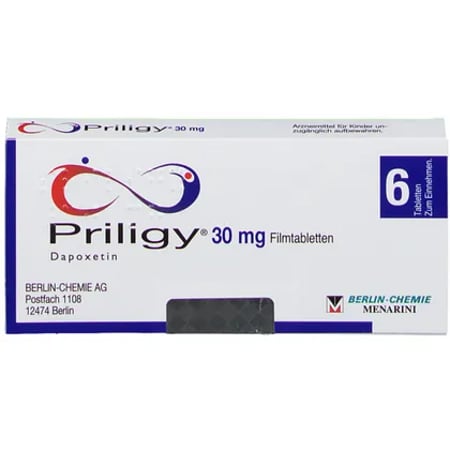 Packung Priligy 30 mg mit 6 Filmtabletten von Menarini