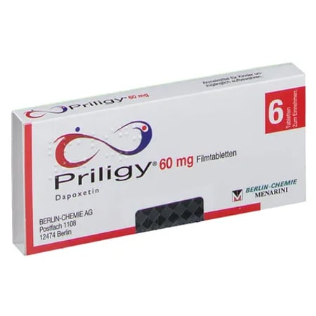 Packung Priligy 60 mg mit 6 Filmtabletten von Menarini