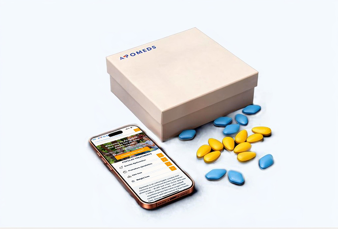 A smartphone showcasing the healthcre platform Apomeds, along with meds and a discreet delivery box.