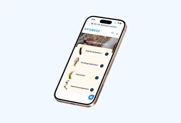 Ein Smartphone, das die Gesundheitsplattform Apomeds zeigt