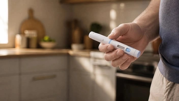 Homme tenant un stylo injectable dans une cuisine