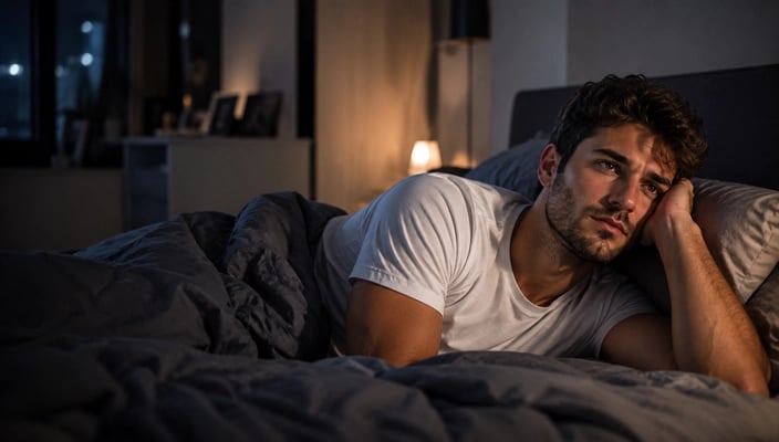 Ein gutaussehender Mann, der besorgt im Bett liegt