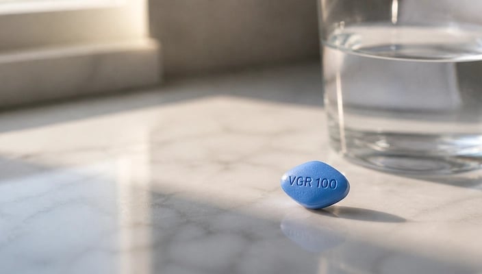 Pilule bleue sur une table en marbre blanc