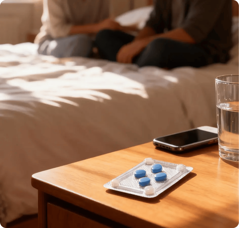 A blister containing blue erectile dysfunction medication is on the bedside table.