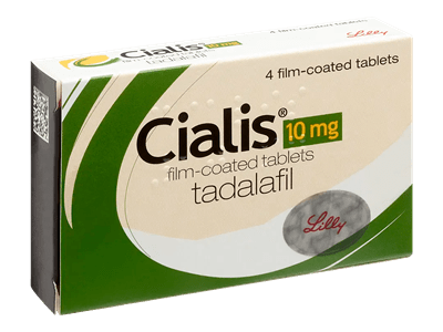 A pack of four 10 mg Cialis tablets.