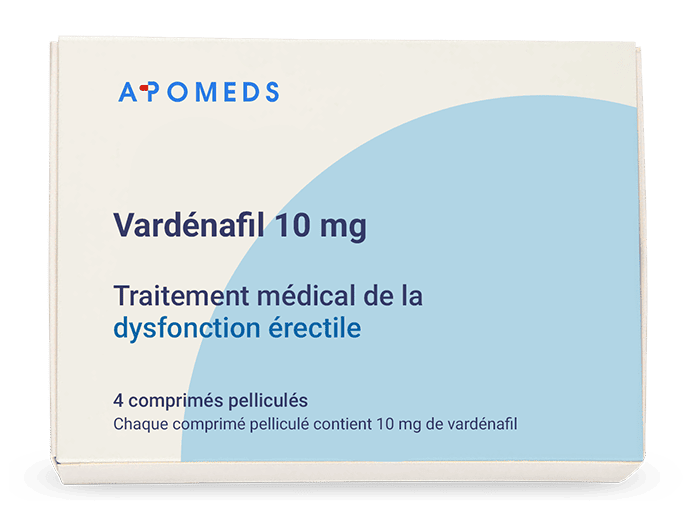 Une boîte de Vardenafil générique à 10 mg contenant 4 comprimés