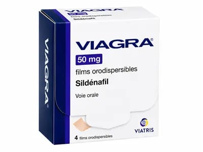 Une boîte de films orodispersibles Viagra 50 mg contenant 4 films